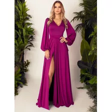 Vestido Longo Com Fenda, Manga Bufante Em Malha Fria Ox017