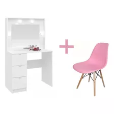 Mueble Tocador Blanco, Maquillador + Silla Rosa 