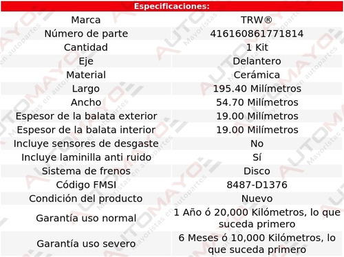 Balatas Ceramicas Delanteras Trw Ford Taurus 2010-2011 Foto 2