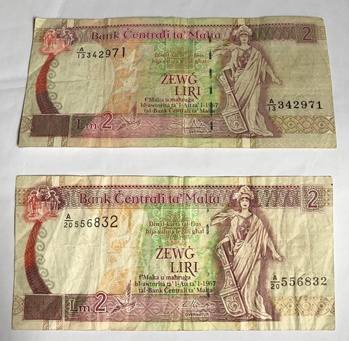 Billete 2 Liras Maltesa  Banco De Malta 1967 Hermoso