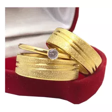 Par Aliança De Casamento Dourada Diamantada Com Frisos +anel