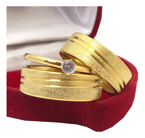 Par Aliança De Casamento Dourada Diamantada Com Frisos +anel