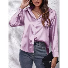 Blusa Feminina De Seda Acetinada Com Botões, Lapela, Manga C