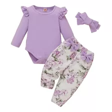 Bebé Body Ribete & Pantalones Floral Con Lazo & Diadema