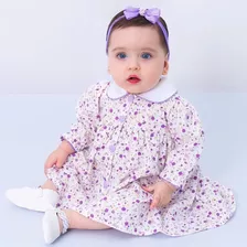 Roupa De Bebê Vestido Menina Jeans Floral Azul Manga Longa