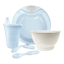 Kit Alimentação Menino Menina 5 Peças Prato Bowl Copo Colher Cor Azul