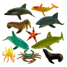 Kit 10 Animais Brinquedo Bichinhos Marinhos Tubarão Peixinho