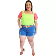 Short Jeans Feminino Plus Size Curto Lycra Cinto Fivela R441