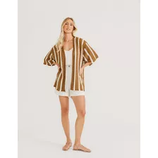 Kimono Zinzane Feminino Tricot Listras Verticais - Camel