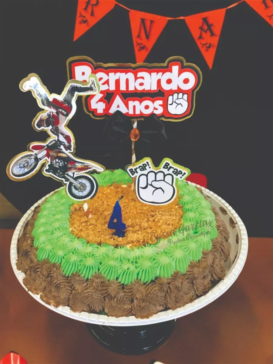 Topo Bolo Personalizado Camadas Aniversário Motos Motocross