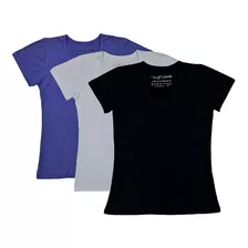  Kit 3 T Shirt Feminina Camiseta Blusa Gola V Varias Cores