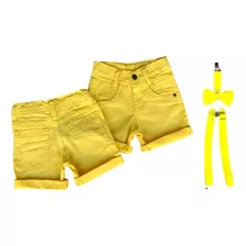 Bermuda Short Jeans Suspensório Gravata Infantil Menino Bebê