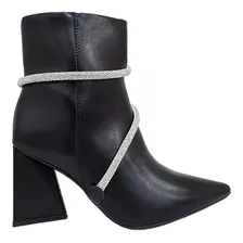 Bota Cano Curto Vizzano Strass Bico Fino Preto - Conforto