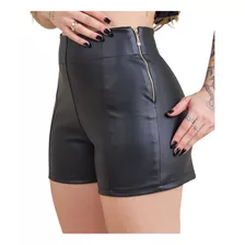 Short Courino Feminino Couro Fake Com Ziper Cintura Alta 