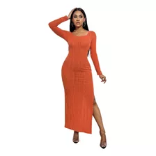 Vestido Unicolor Naranja De Muslo Con Abertura