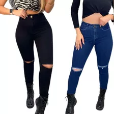 Kit 2 Calça Jeans Feminina Rasgo Joelho Skinny Cintura Alta