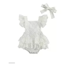 Vestido Romper Pañalero Encaje + Listón Bebe Niña Bautizo