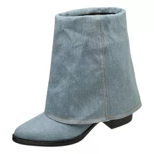 Botas Jeans Femininas Com Tubo De Calça, Salto Alto E Grosso