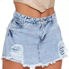 Short Saia Jeans Feminino Cintura Alta Desfiada Destroyde