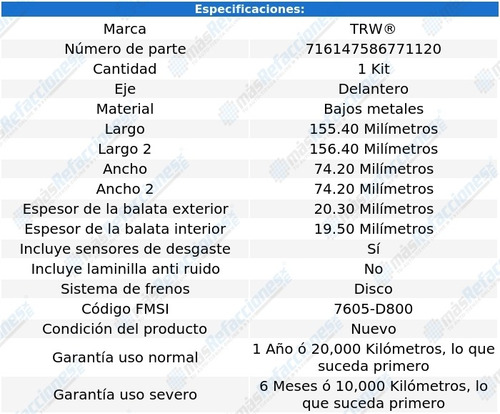 Balatas Bajos Metales Delanteras Saab 900 97-98 Trw Foto 2