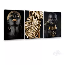 Kit Quadros Decorativos Mulher Negra Ouro Folha Dourada