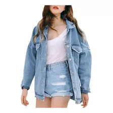 Jaqueta Feminina Retrô Grande Com Botões Soltos, Bolso Jeans