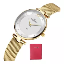 Relógio Feminino Dourado Pulseira Mesh Backer 14016145f Kit