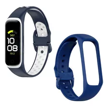 Combo 2 Pulseiras Para Galaxy Fit2 Silicone Furadinha + Lisa Cor Azul C/ Branco + Azul