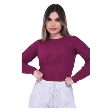 Cropped Feminino Tricô Modal Cores Lisas Manga Longa Lindo