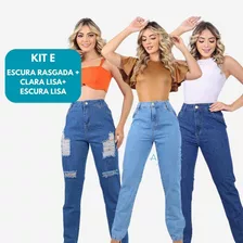 Kit 3 Calça Jeans Mom Feminina Cintura Alta Calca Wide Leg