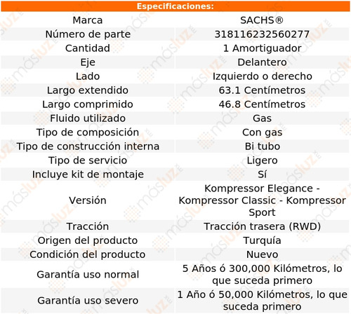 (1) Amortiguador Gas Del Izq/der C230 L4 1.8l 04/05 Sachs Foto 2