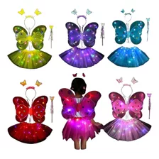 Kit Fantasia Com Led 4pç Saia Asa Tiara Varinha Borboleta Fa