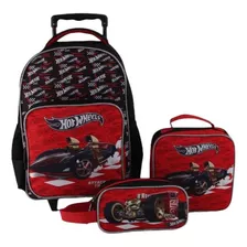 Mochila Con Ruedas Pack 3 Lonchera + Estuche Hot Wheels