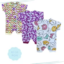 Roupa Infantil Kit 3 Macacão Zíper Curto Algodão Bebê Promo