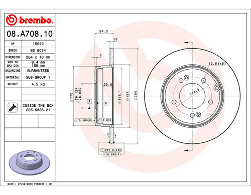 Disco Freno 284.0 Mm Tras Izq/der Brembo Azera 10 A 17 Foto 2