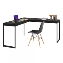 Set Mesa Em L Escrivaninha Industrial + 1 Cadeira Moderna Cor Mesa Preto Cadeiras Preto