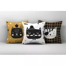 3 Capas De Almofada 45cm Decoração Quarto Infantil Gatinhos Cor Branco