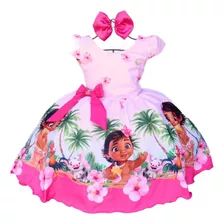 Vestido Infantil Moana Rosa Luxo Para Festa Temática E Tiara