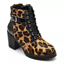 Bota Coturno Feminina Couro Animal Print Onça Conforto Leve