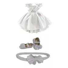 Vestido Batizado Branco Menina Infantil + Sapato Bebe + Laço