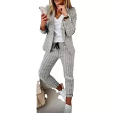 Blazer Feminina Estampa Xadrez Calça Comprida Conjunto D [u]