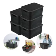 Kit 03 Caixas Cesto Organizador Rattan Preto 7 Litros Tampa