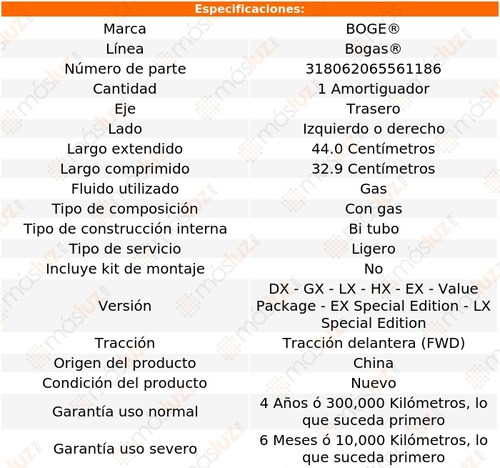 (1) Amortiguador Gas Izq/der Tras Civic L4 1.7l 01/05 Boge Foto 2