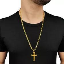 Cordão Longo Cadeado Com Pingente Crucifixo Banhada Ouro 18k