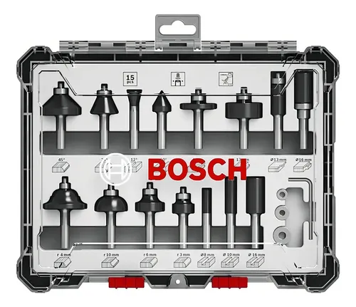 Kit Set 15 Fresas Bosch Madera 1/4 PuLG Estuche