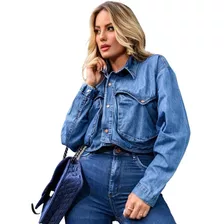 Camisa Jeans Cropped Oversized Feminina Bolsos Frontais 2263