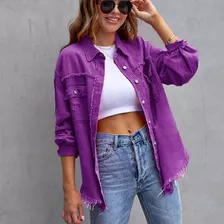 Jaqueta Jeans Feminina Clássica Oversize Rasgada Borda Crua