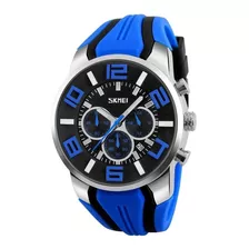 Relógio De Pulso Skmei 9128 Com Corpo Prateado, Analógico, Para Masculino, Fundo Preto, Com Correia De Silicone Cor Azul E Preto, Agulhas Cor Cinza E Azul E Branco, Subdials De Cor Azul E Cinza, Sub