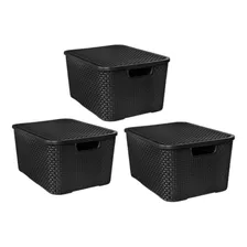 Kit 3 Caixas Organizadora Rattan Com Tampa 15 Litros Preto