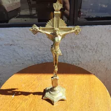 Estatueta Antiga Jesus Cruz Crucifixo Em Metal Dourado 37 Cm